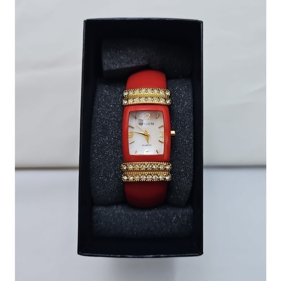 Gruen Accessories - Gruen Womens Wrist Watch Red Hard Bracelet Band Gold Details White Face Quartz